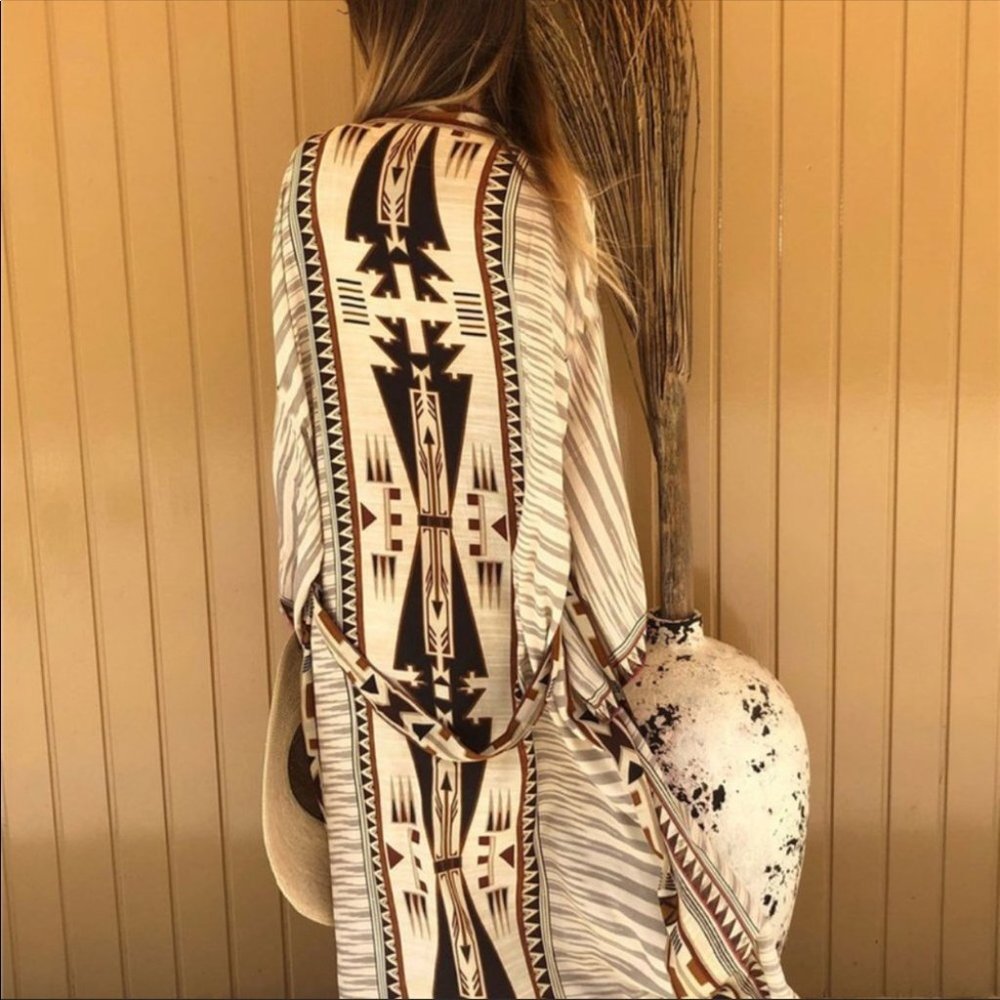 Boho Western Kimono Maxi long Duster Folk Cardigan - Picture 2 of 4